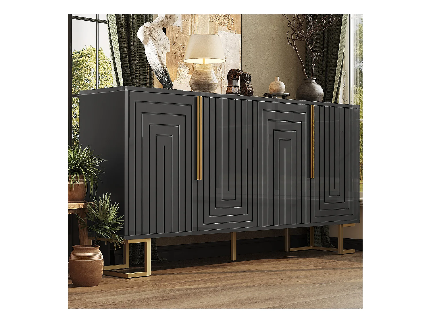 Buffet moderne - 152 x 40 x 75 cm -  avec 4 portes + pieds dorés - MDF - noir