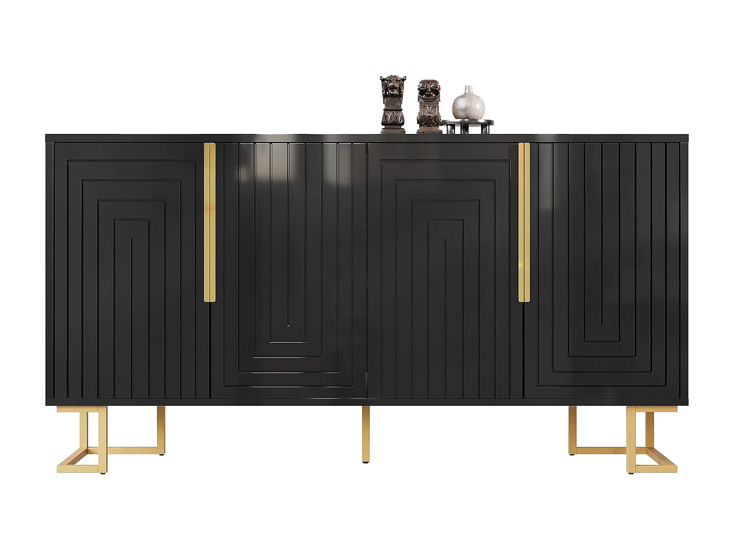 Aparador moderno - 152 x 40 x 75 cm - com 4 portas + pés dourados - MDF - preto