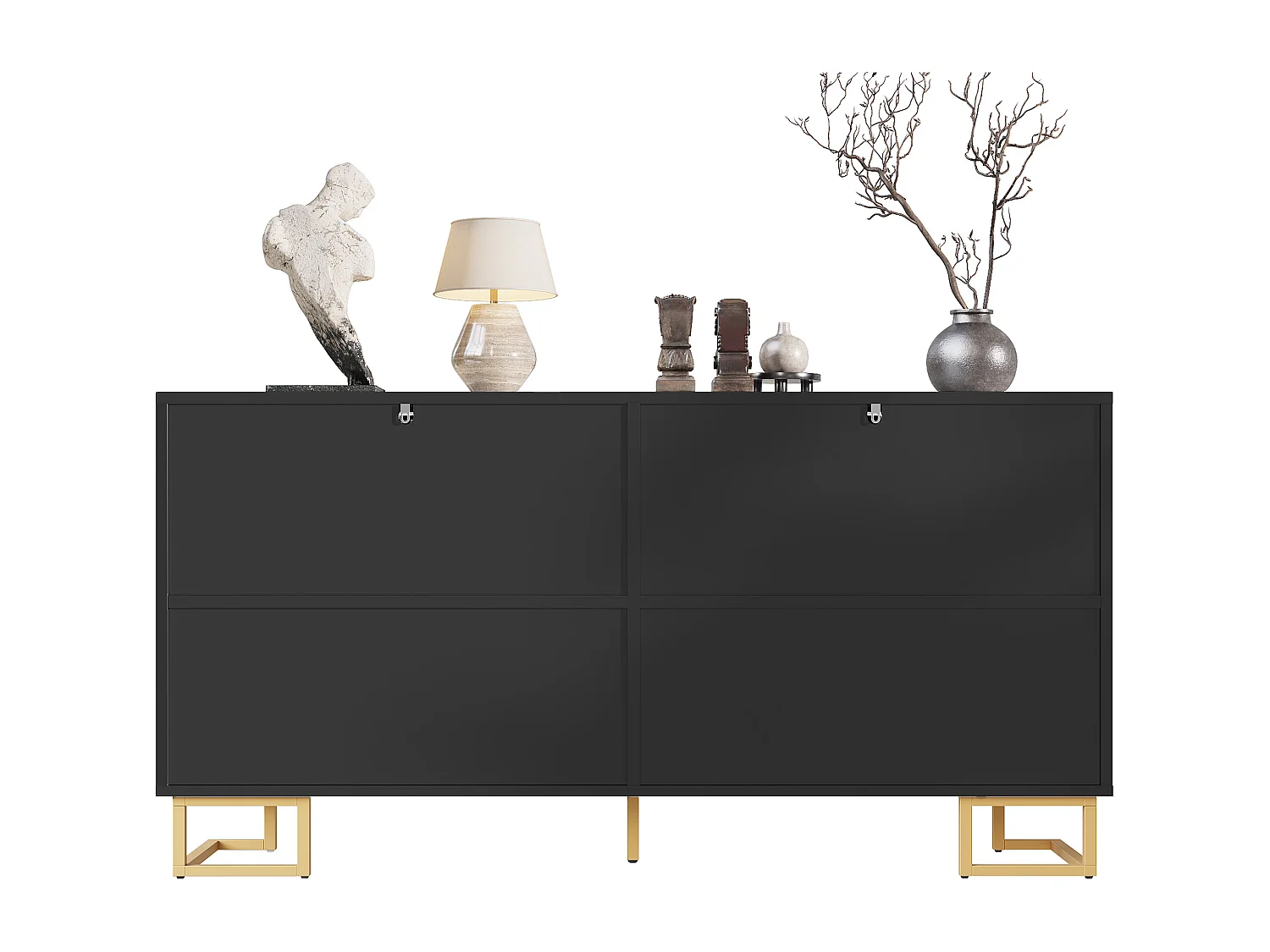 Aparador moderno - 152 x 40 x 75 cm - com 4 portas + pés dourados - MDF - preto