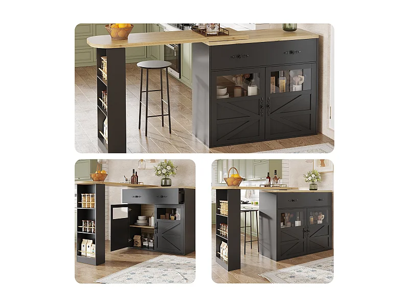 Mueble bar extensible - 138-204 x 39 x 104 cm - Mesa de comedor giratoria 360° - con 2 puertas + 2 cajones - MDF - negro