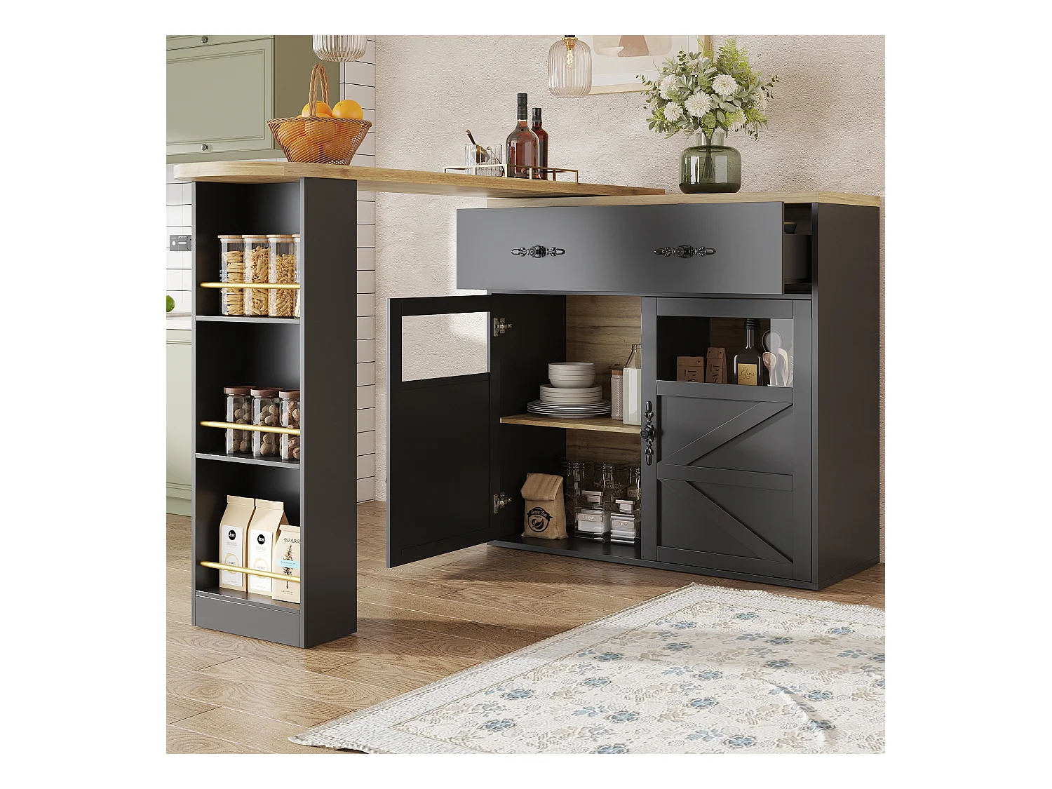 Meuble de bar extensible - 138-204 x 39 x 104 cm -  table à manger rotative à 360 °- avec 2 portes + 2 tiroirs - MDF - noir