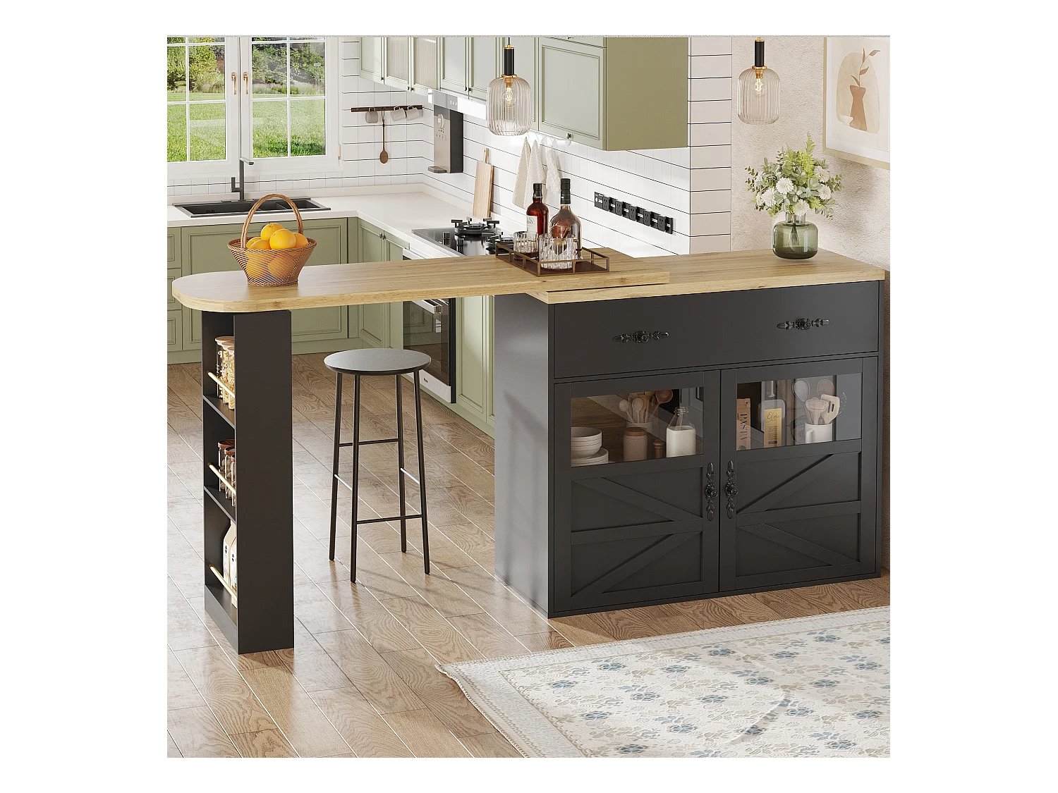 Meuble de bar extensible - 138-204 x 39 x 104 cm -  table à manger rotative à 360 °- avec 2 portes + 2 tiroirs - MDF - noir