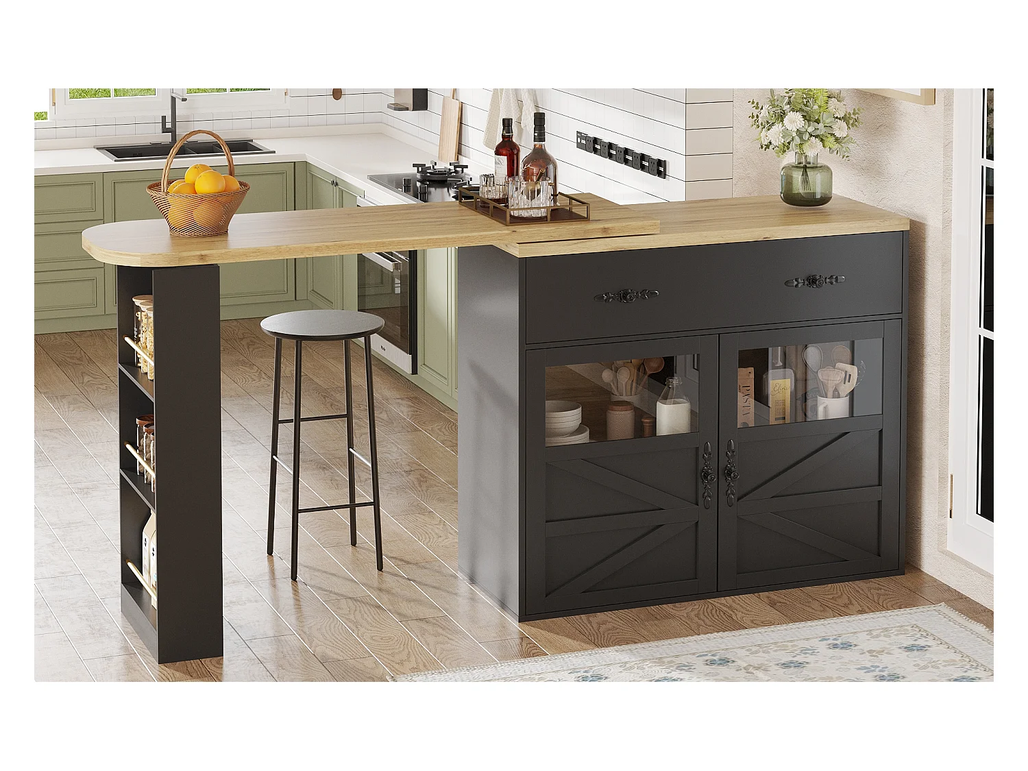 Meuble de bar extensible - 138-204 x 39 x 104 cm -  table à manger rotative à 360 °- avec 2 portes + 2 tiroirs - MDF - noir