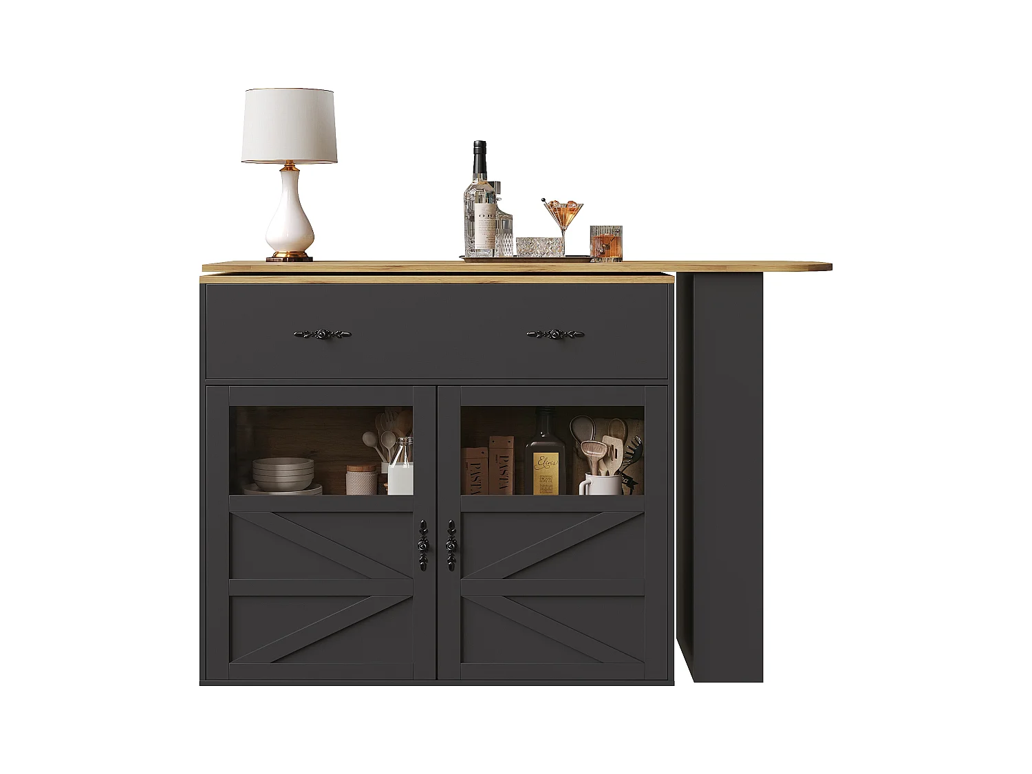 Meuble de bar extensible - 138-204 x 39 x 104 cm -  table à manger rotative à 360 °- avec 2 portes + 2 tiroirs - MDF - noir