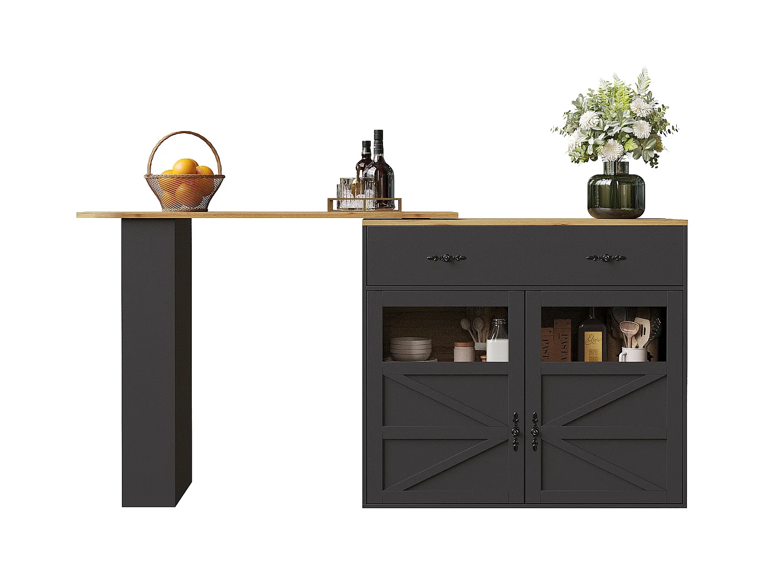 Meuble de bar extensible - 138-204 x 39 x 104 cm -  table à manger rotative à 360 °- avec 2 portes + 2 tiroirs - MDF - noir