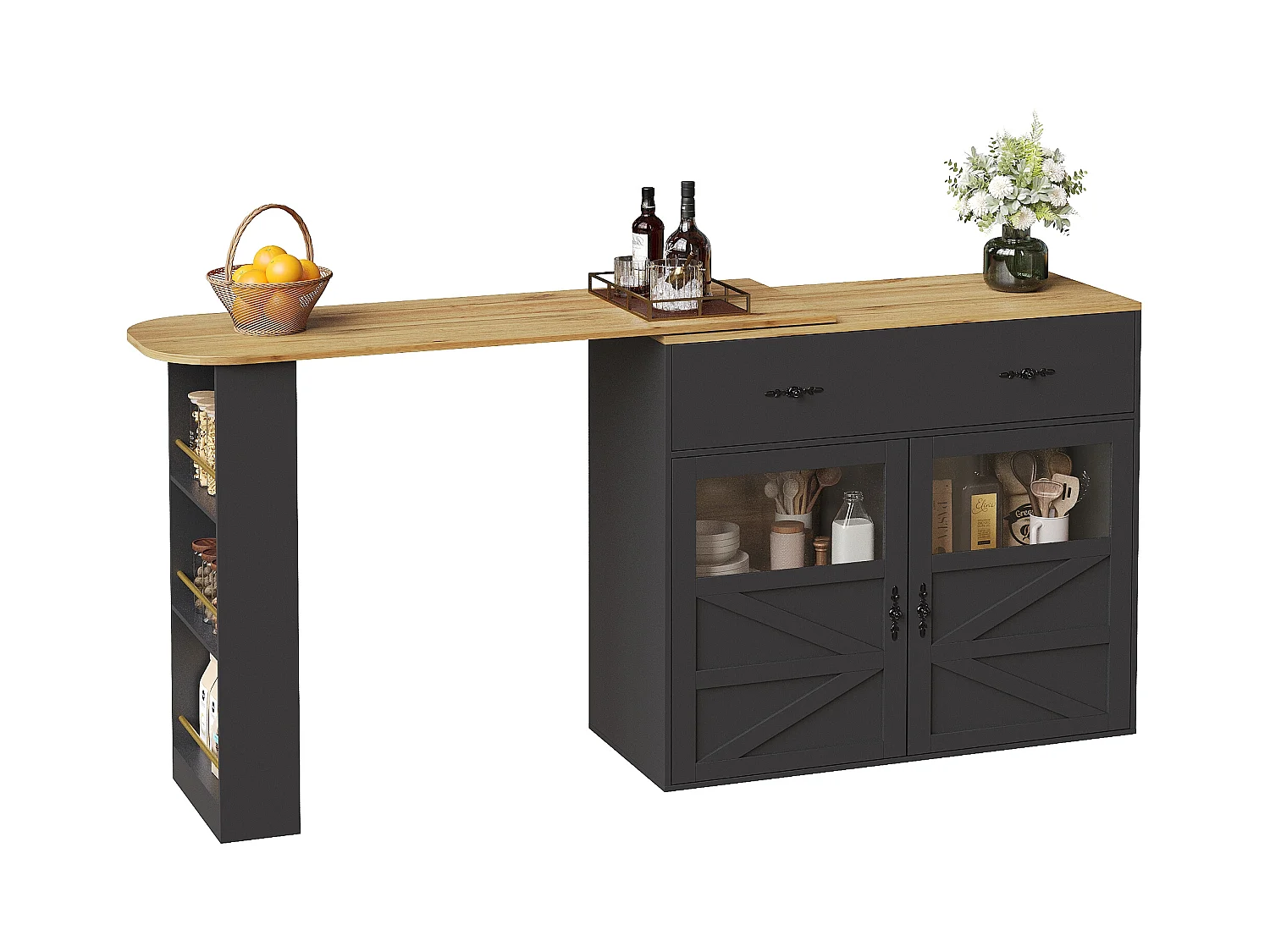 Meuble de bar extensible - 138-204 x 39 x 104 cm -  table à manger rotative à 360 °- avec 2 portes + 2 tiroirs - MDF - noir
