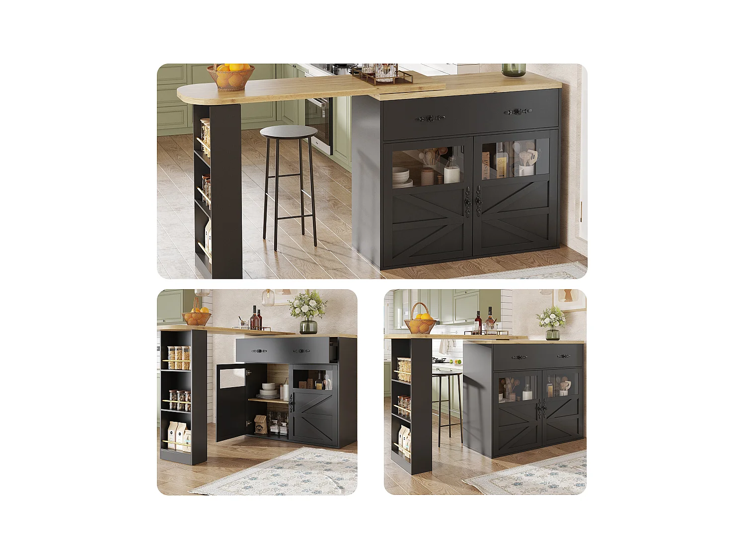 Meuble de bar extensible - 138-204 x 39 x 104 cm -  table à manger rotative à 360 °- avec 2 portes + 2 tiroirs - MDF - noir