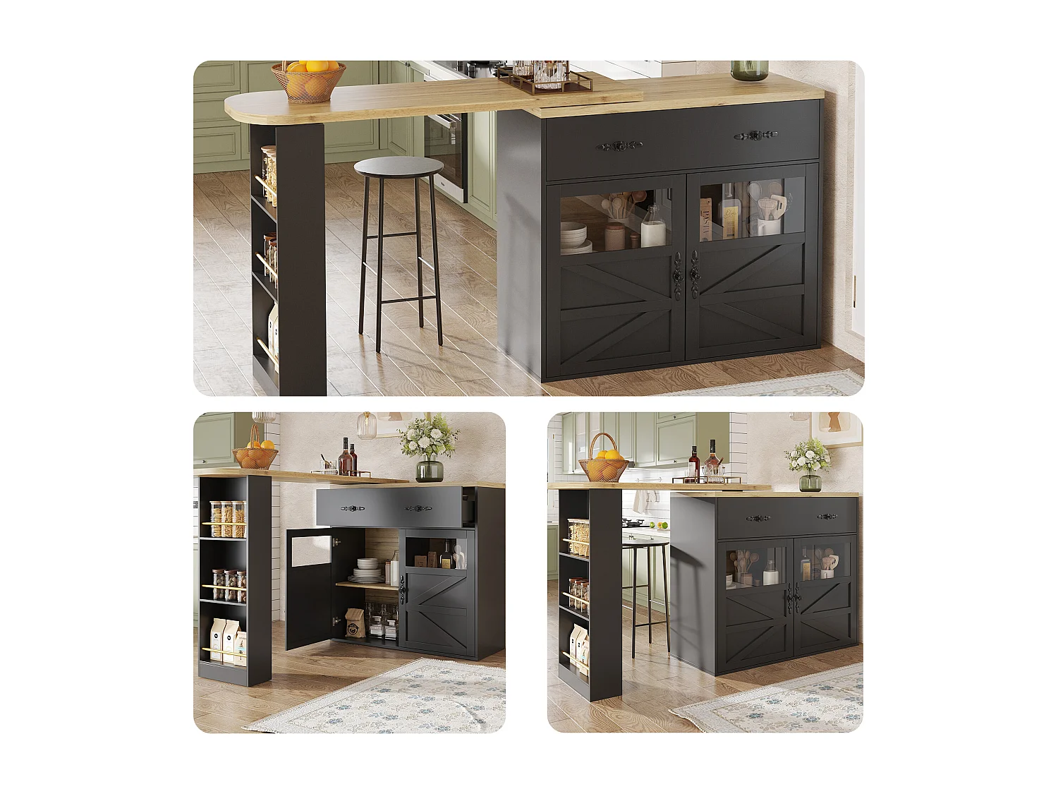 Ausziehbarer Barschrank - 138-204 x 39 x 104 cm - 360° drehbarer Esstisch - mit 2 Türen + 2 Schubladen - MDF - Schwarz