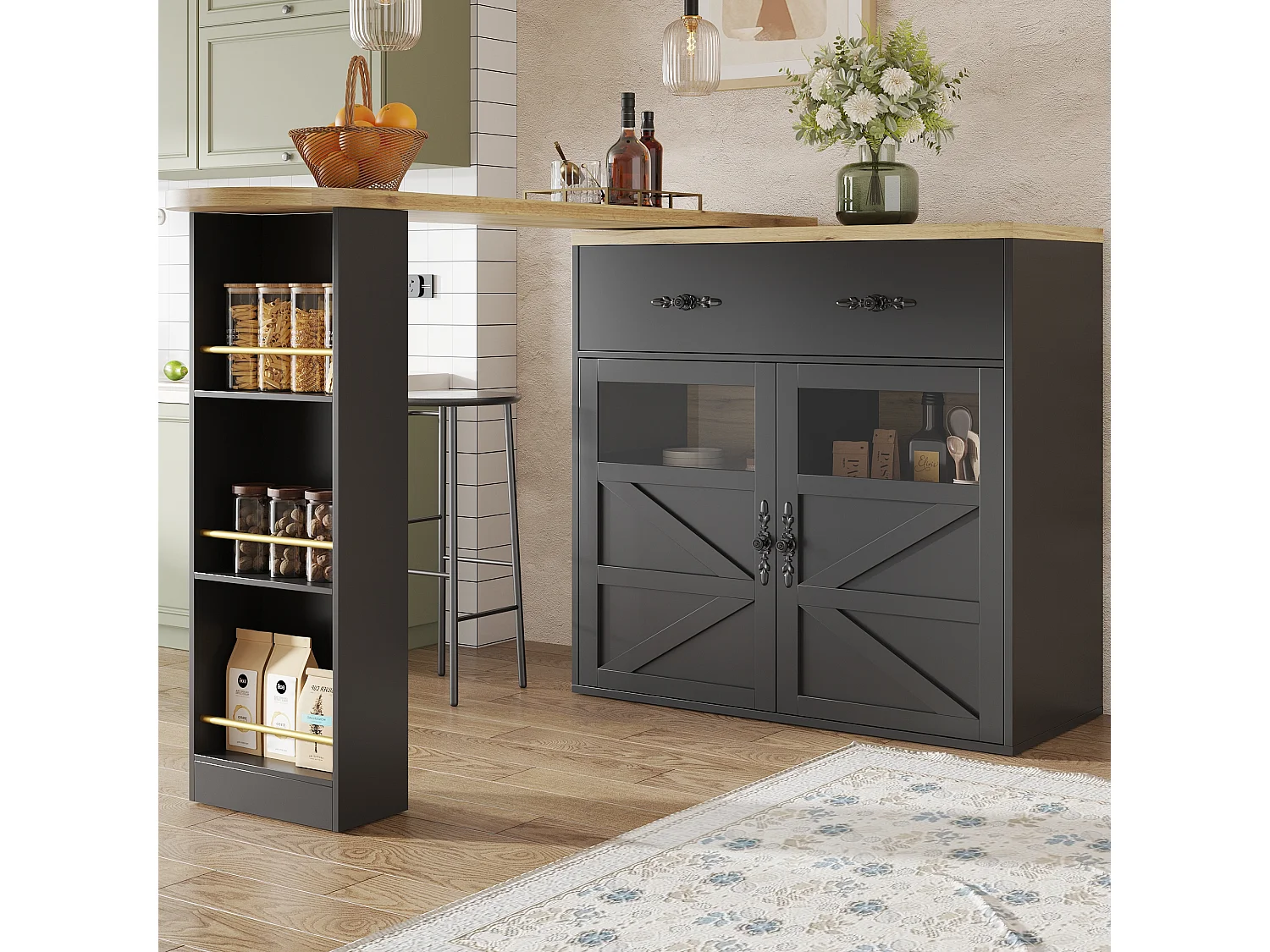 Ausziehbarer Barschrank - 138-204 x 39 x 104 cm - 360° drehbarer Esstisch - mit 2 Türen + 2 Schubladen - MDF - Schwarz