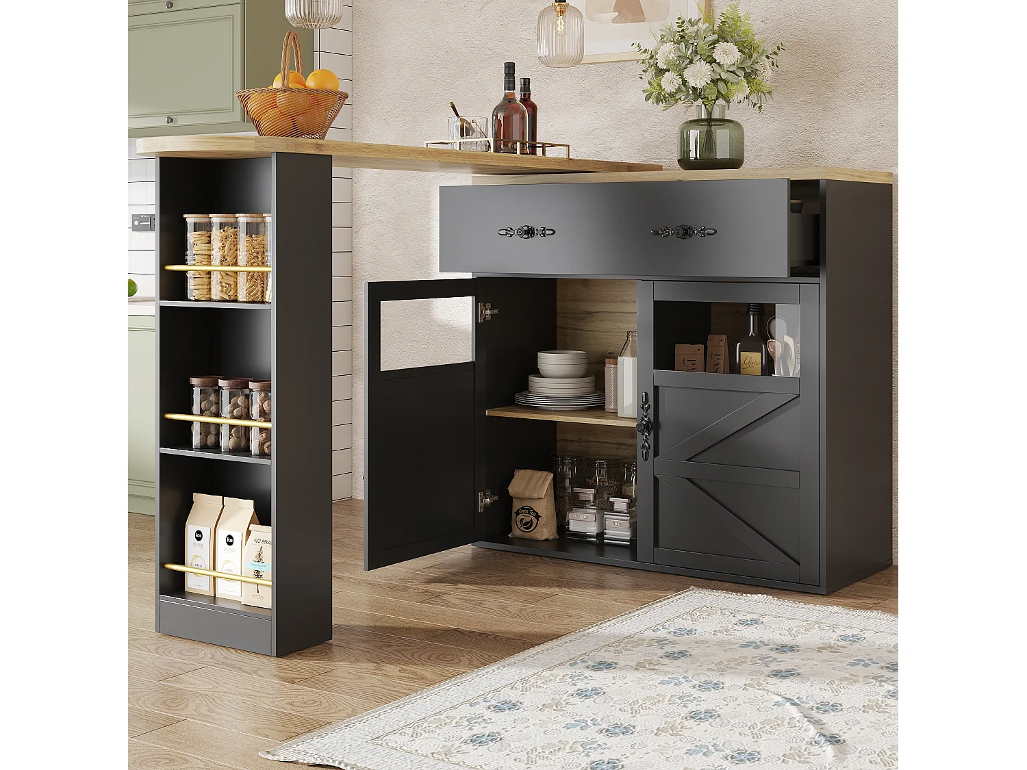 Ausziehbarer Barschrank - 138-204 x 39 x 104 cm - 360° drehbarer Esstisch - mit 2 Türen + 2 Schubladen - MDF - Schwarz