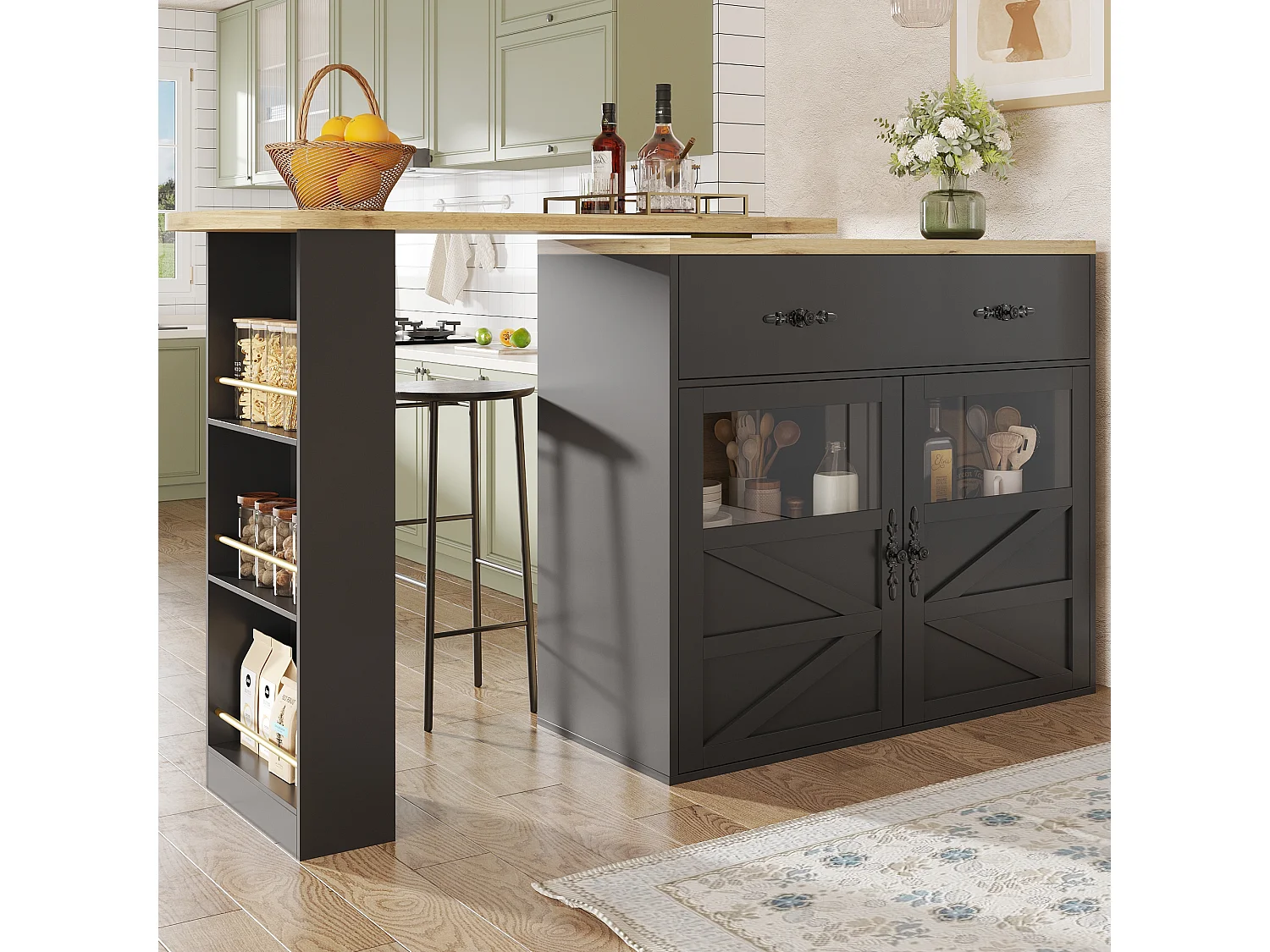 Ausziehbarer Barschrank - 138-204 x 39 x 104 cm - 360° drehbarer Esstisch - mit 2 Türen + 2 Schubladen - MDF - Schwarz