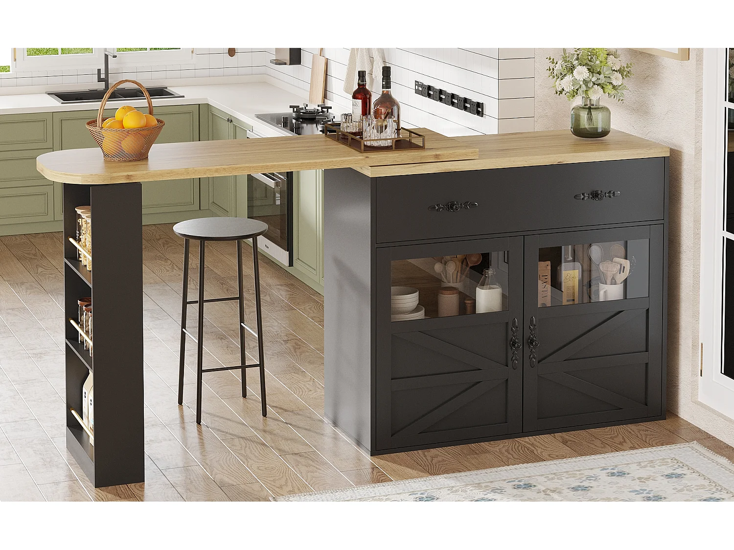 Ausziehbarer Barschrank - 138-204 x 39 x 104 cm - 360° drehbarer Esstisch - mit 2 Türen + 2 Schubladen - MDF - Schwarz