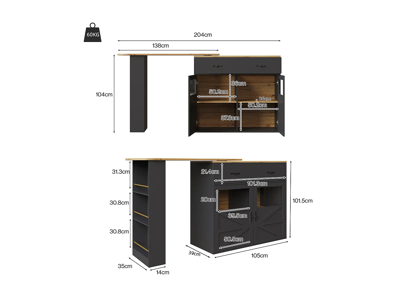 Ausziehbarer Barschrank - 138-204 x 39 x 104 cm - 360° drehbarer Esstisch - mit 2 Türen + 2 Schubladen - MDF - Schwarz