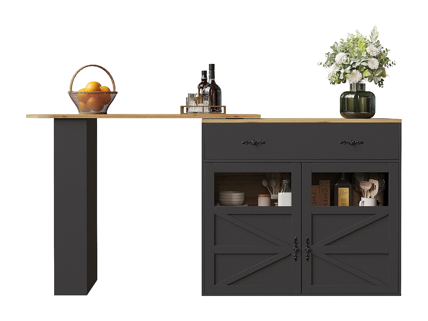 Ausziehbarer Barschrank - 138-204 x 39 x 104 cm - 360° drehbarer Esstisch - mit 2 Türen + 2 Schubladen - MDF - Schwarz