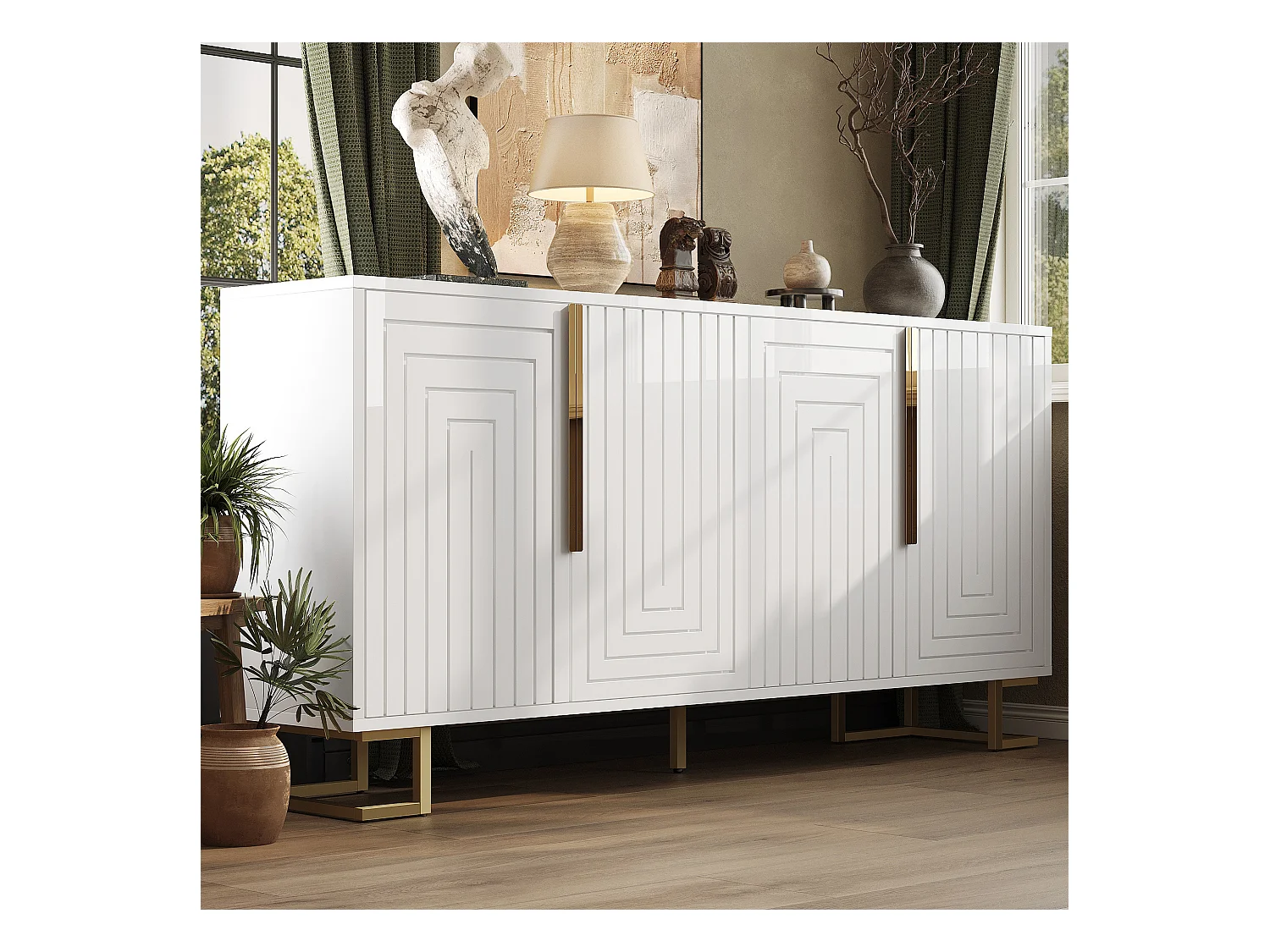 Buffet moderne - 152 x 40 x 75 cm -  avec 4 portes + pieds dorés - MDF - blanc