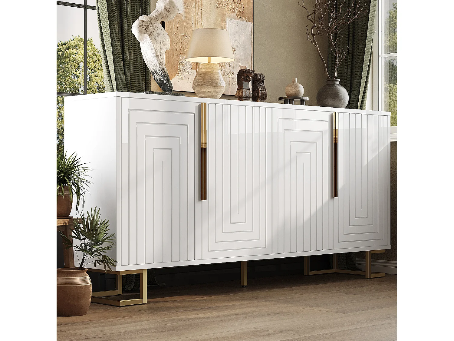 Aparador moderno - 152 x 40 x 75 cm - com 4 portas + pés dourados - MDF - branco