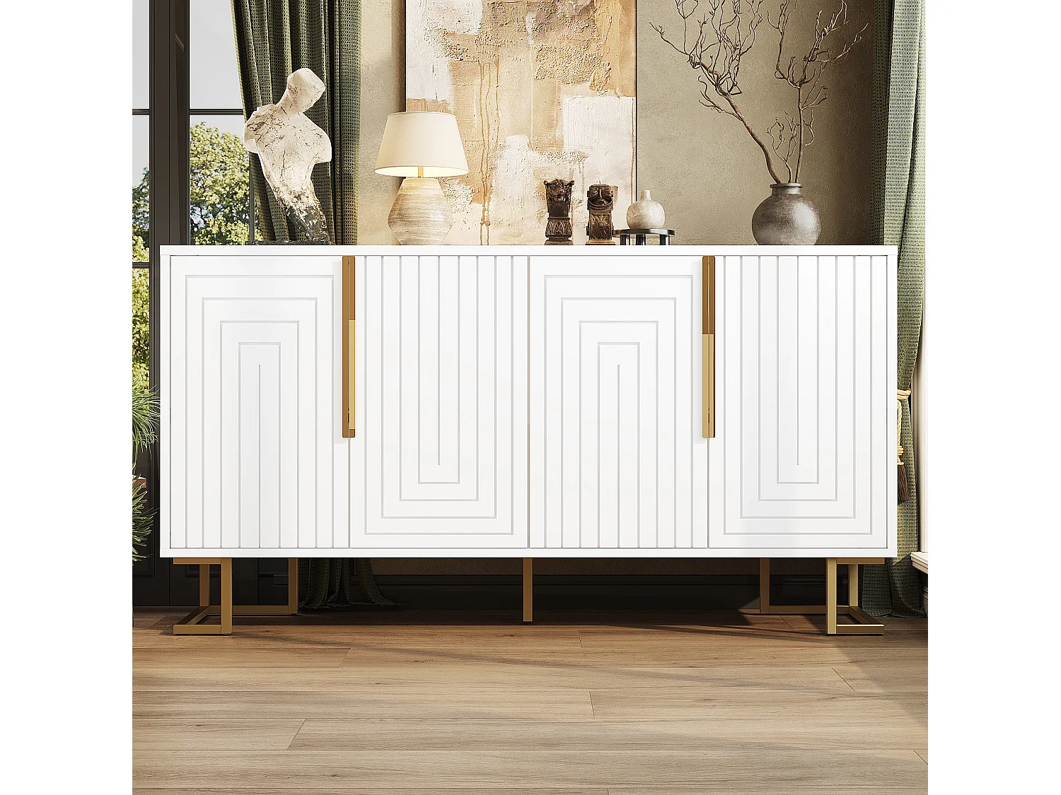 Aparador moderno - 152 x 40 x 75 cm - com 4 portas + pés dourados - MDF - branco