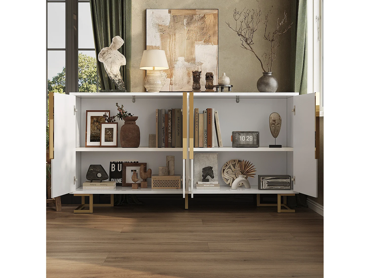 Aparador moderno - 152 x 40 x 75 cm - com 4 portas + pés dourados - MDF - branco