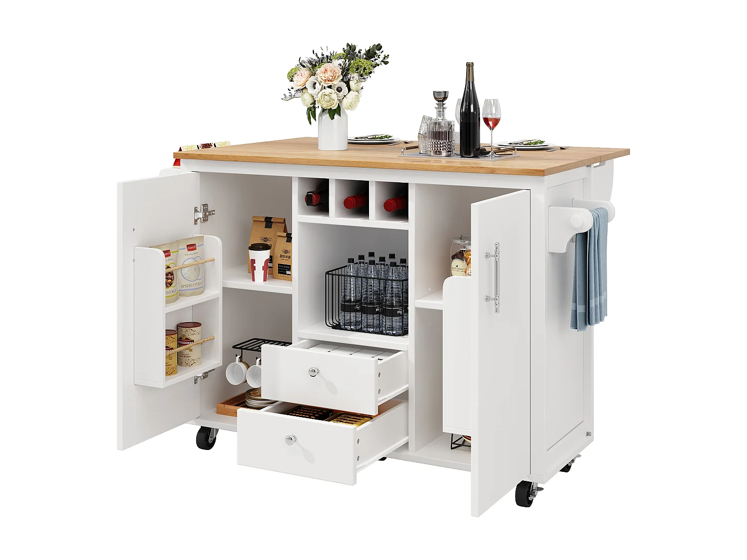 Isola centrale su ruote - 137,9 x 45/73 x 92 cm - piano ribaltabile + 2 cassetti + portabottiglie - MDF + Metallo - bianco