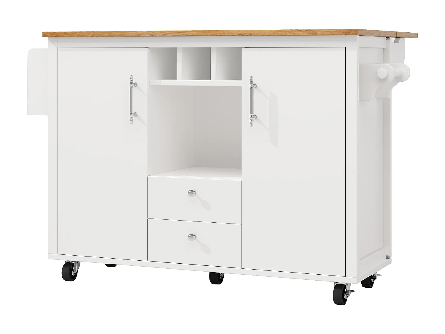 Isola centrale su ruote - 137,9 x 45/73 x 92 cm - piano ribaltabile + 2 cassetti + portabottiglie - MDF + Metallo - bianco