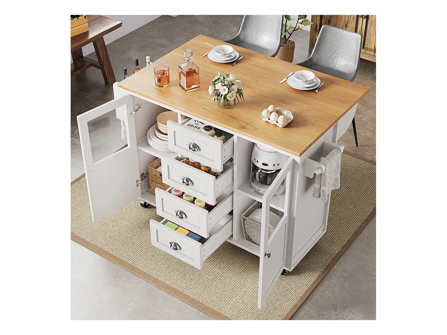 Îlot central extensible - 137.9 x 45/73 x 93 cm - desserte avec roulettes + 2 portes + 4 tiroirs - MDF + Métal - blanc
