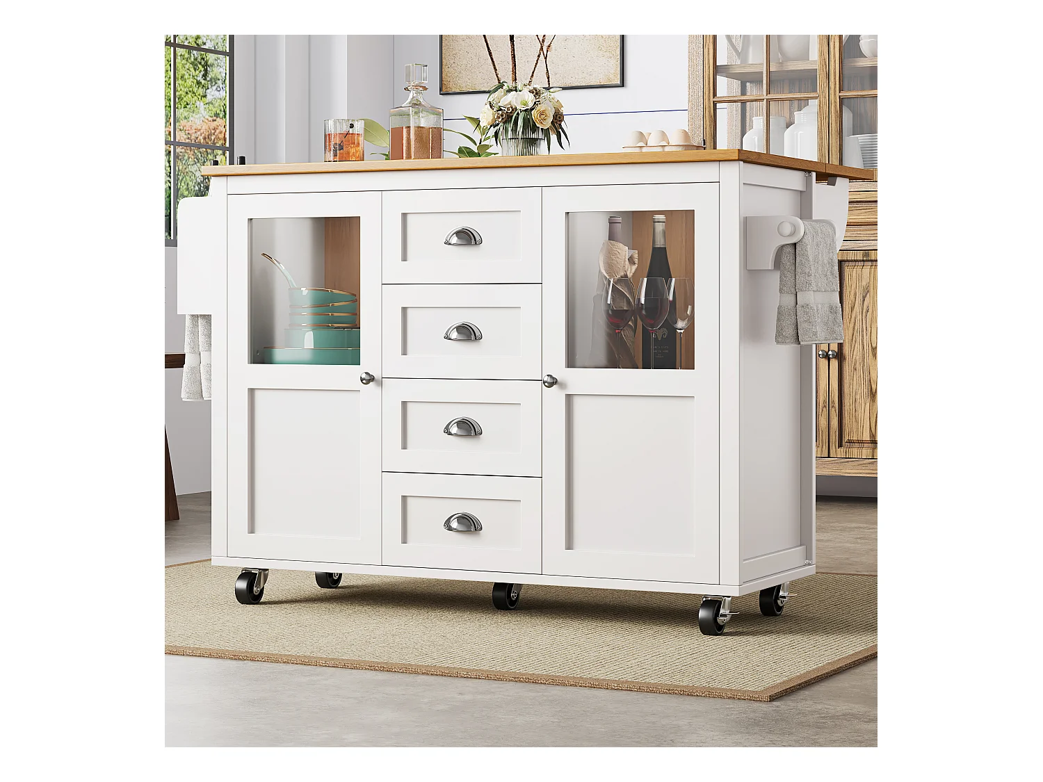 Îlot central extensible - 137.9 x 45/73 x 93 cm - desserte avec roulettes + 2 portes + 4 tiroirs - MDF + Métal - blanc