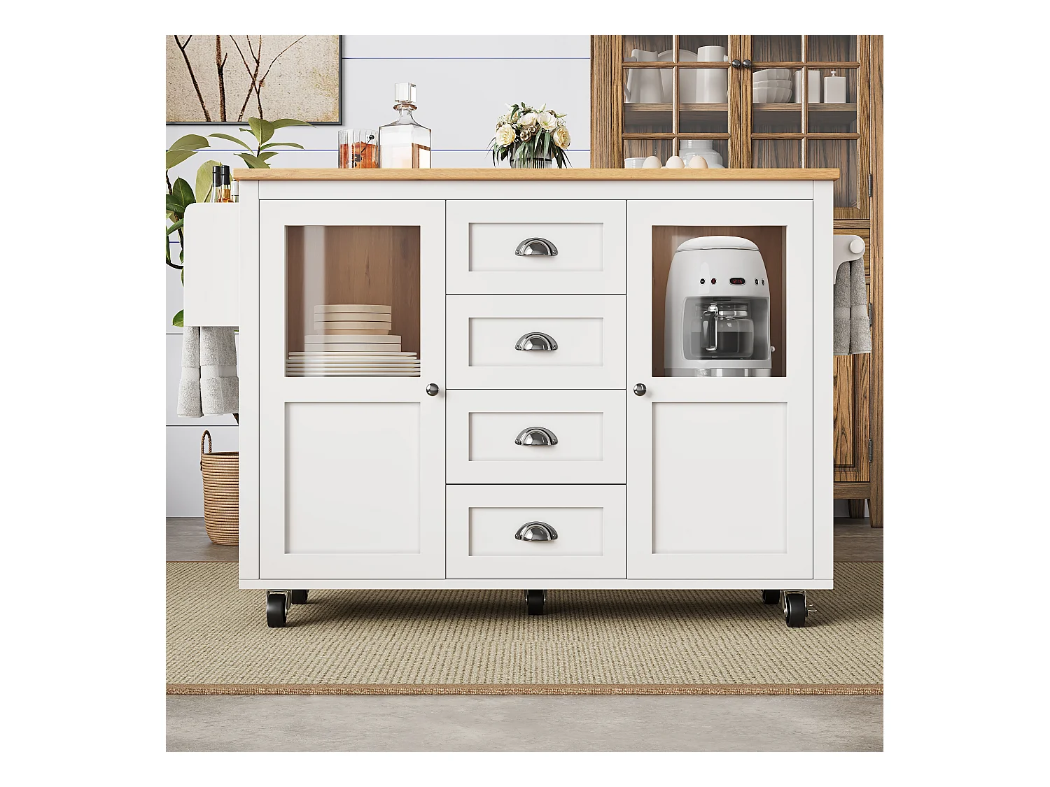 Îlot central extensible - 137.9 x 45/73 x 93 cm - desserte avec roulettes + 2 portes + 4 tiroirs - MDF + Métal - blanc