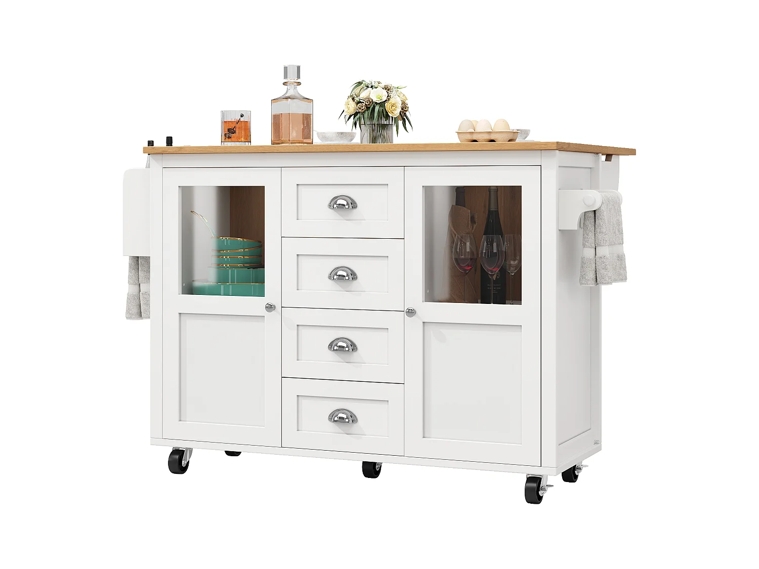 Îlot central extensible - 137.9 x 45/73 x 93 cm - desserte avec roulettes + 2 portes + 4 tiroirs - MDF + Métal - blanc