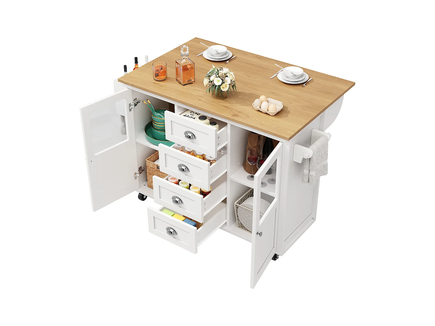 Îlot central extensible - 137.9 x 45/73 x 93 cm - desserte avec roulettes + 2 portes + 4 tiroirs - MDF + Métal - blanc