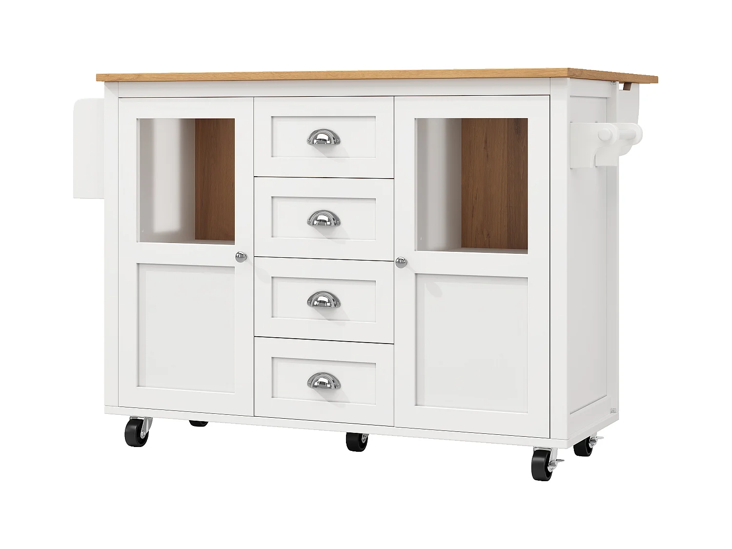 Îlot central extensible - 137.9 x 45/73 x 93 cm - desserte avec roulettes + 2 portes + 4 tiroirs - MDF + Métal - blanc