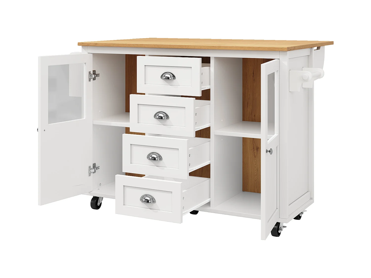 Îlot central extensible - 137.9 x 45/73 x 93 cm - desserte avec roulettes + 2 portes + 4 tiroirs - MDF + Métal - blanc