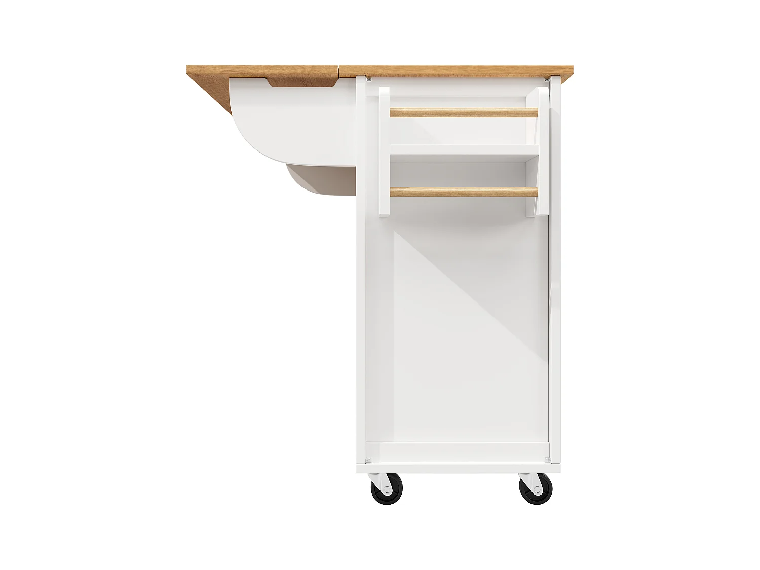 Îlot central extensible - 137.9 x 45/73 x 93 cm - desserte avec roulettes + 2 portes + 4 tiroirs - MDF + Métal - blanc
