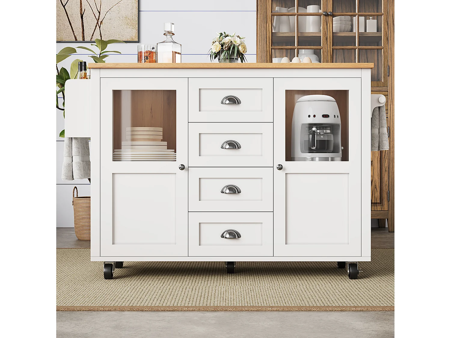 Isla central extensible - 137,9 x 45/73 x 93 cm - carro con ruedas + 2 puertas + 4 cajones - MDF + Metal - blanco