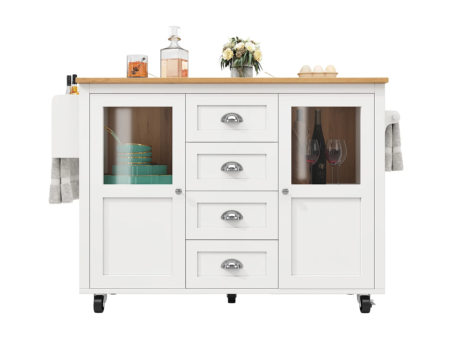 Isla central extensible - 137,9 x 45/73 x 93 cm - carro con ruedas + 2 puertas + 4 cajones - MDF + Metal - blanco