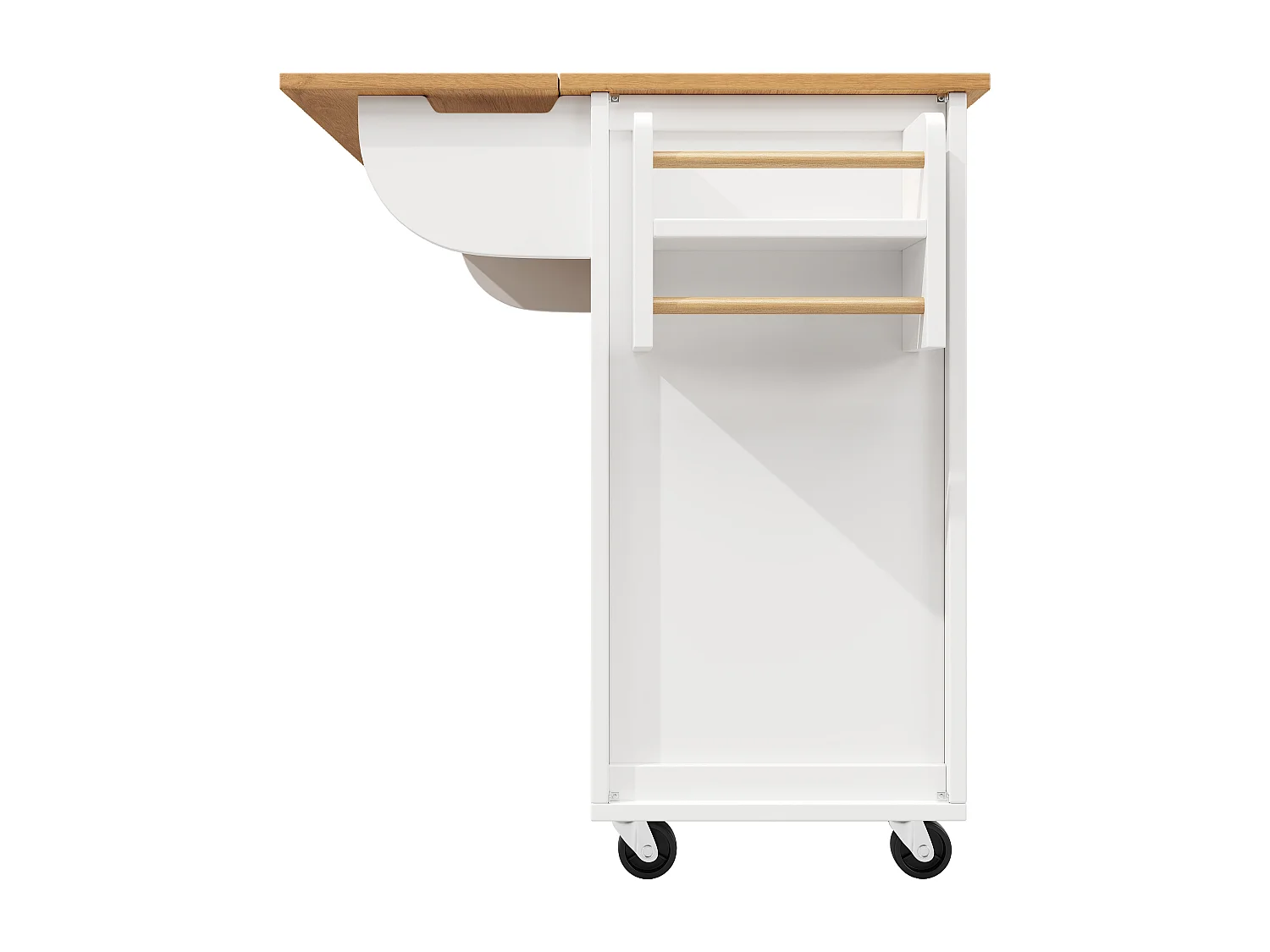 Isla central extensible - 137,9 x 45/73 x 93 cm - carro con ruedas + 2 puertas + 4 cajones - MDF + Metal - blanco