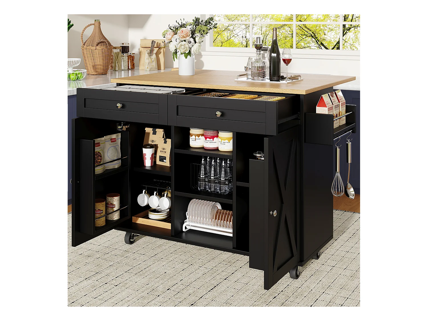 Îlot central moderne - 134 x 45.2/ 75 x 89 cm - avec roulettes + 2 portes + 2  tiroirs - MDF + Métal - noir