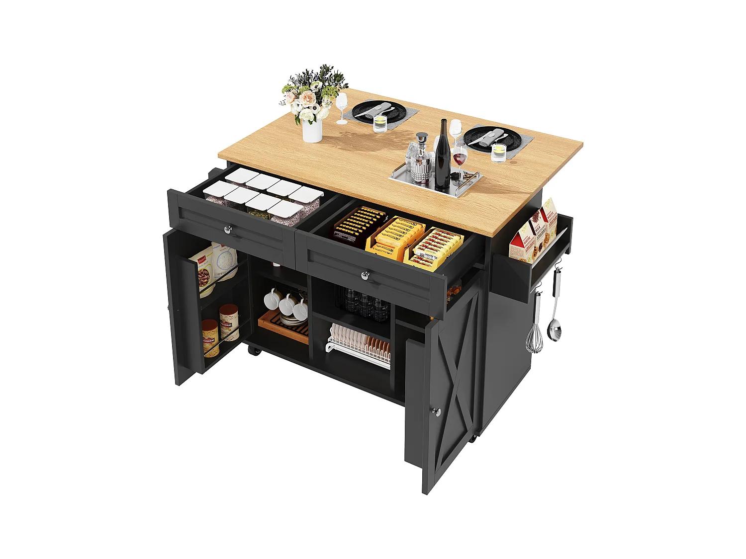 Îlot central moderne - 134 x 45.2/ 75 x 89 cm - avec roulettes + 2 portes + 2  tiroirs - MDF + Métal - noir