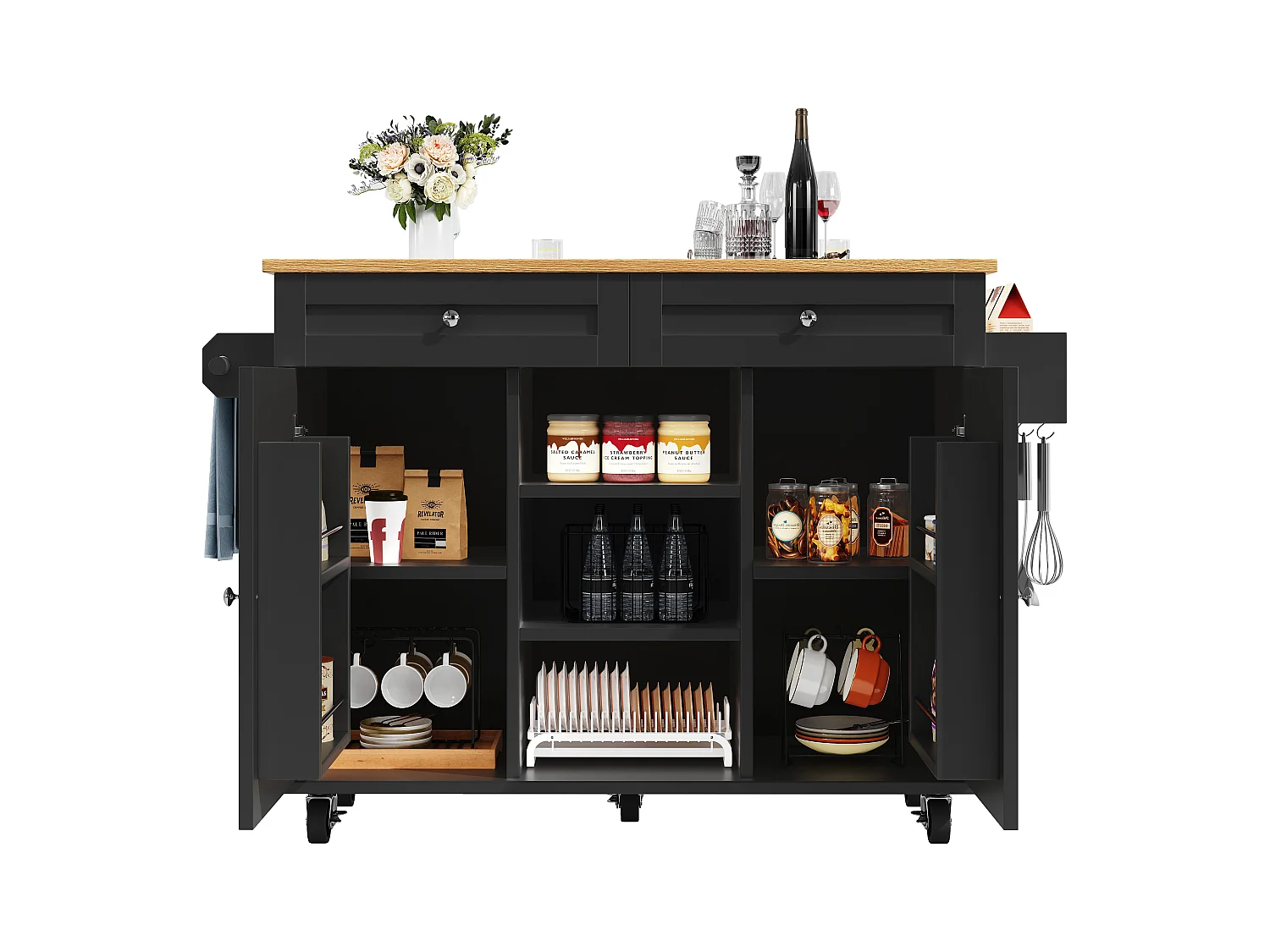 Îlot central moderne - 134 x 45.2/ 75 x 89 cm - avec roulettes + 2 portes + 2  tiroirs - MDF + Métal - noir