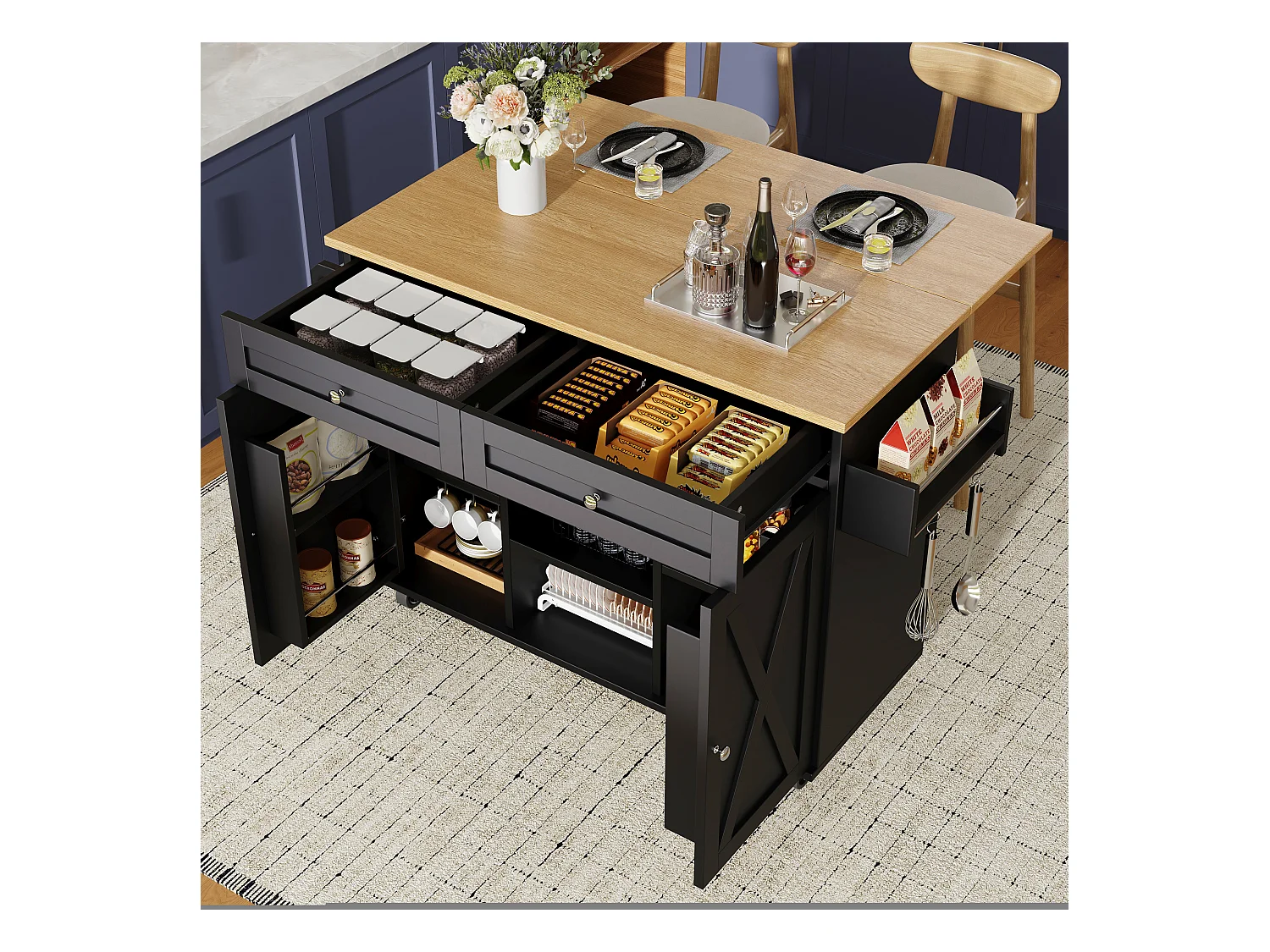 Îlot central moderne - 134 x 45.2/ 75 x 89 cm - avec roulettes + 2 portes + 2  tiroirs - MDF + Métal - noir