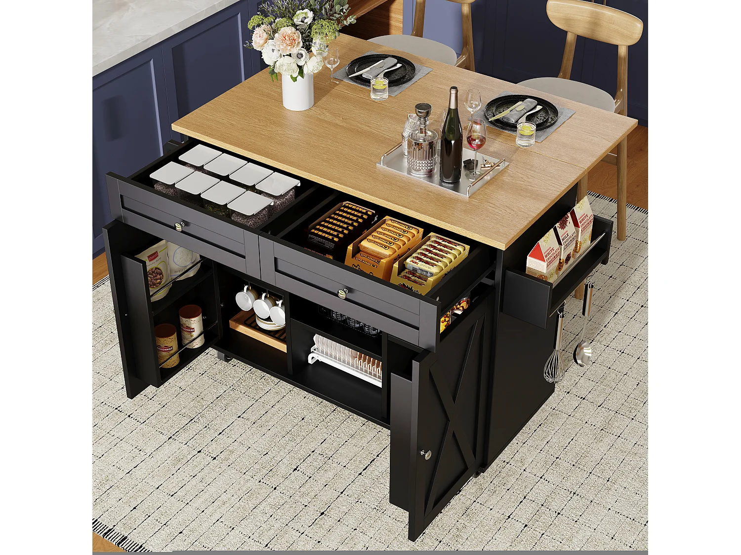 Isola centrale moderna - 134 x 45,2/ 75 x 89 cm - con ruote + 2 ante + 2 cassetti - MDF + Metallo - nero