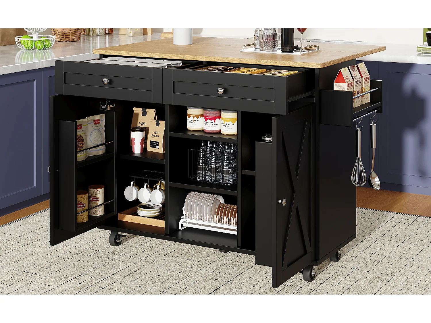 Isola centrale moderna - 134 x 45,2/ 75 x 89 cm - con ruote + 2 ante + 2 cassetti - MDF + Metallo - nero