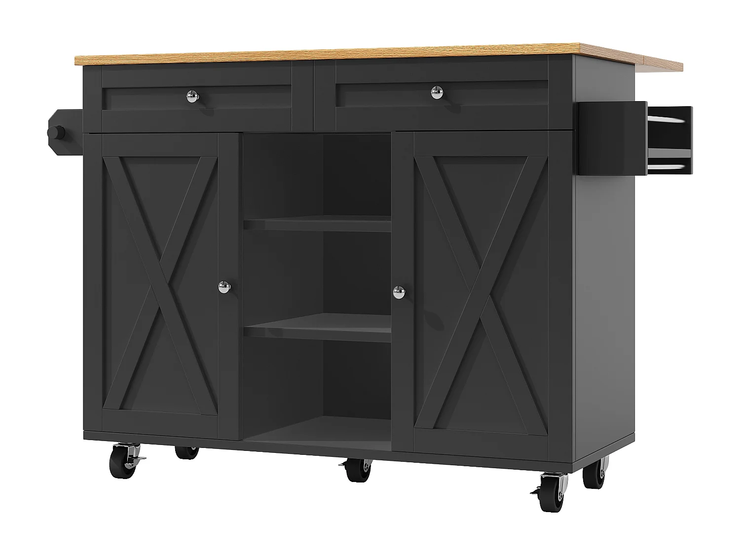 Isola centrale moderna - 134 x 45,2/ 75 x 89 cm - con ruote + 2 ante + 2 cassetti - MDF + Metallo - nero