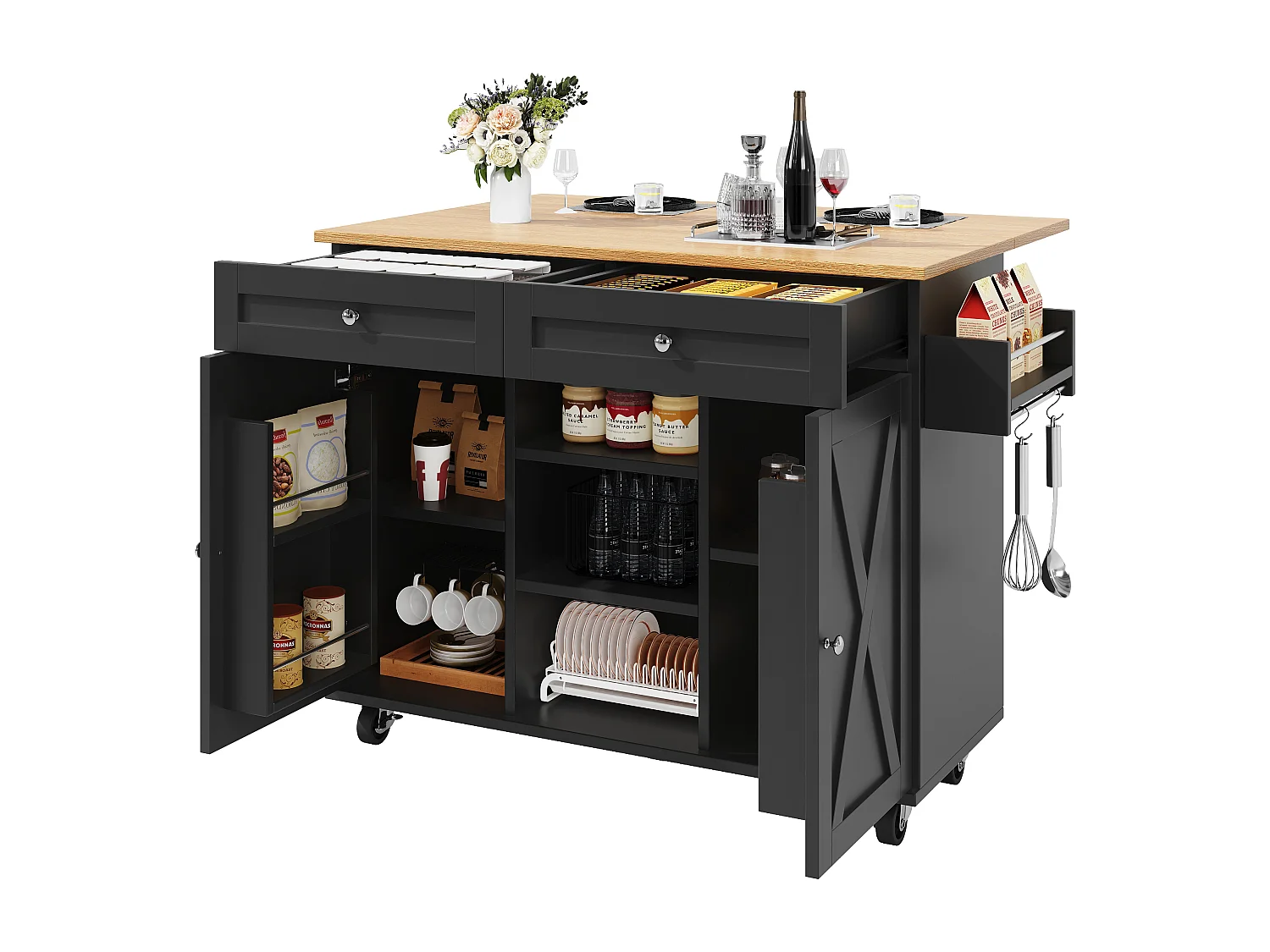 Isola centrale moderna - 134 x 45,2/ 75 x 89 cm - con ruote + 2 ante + 2 cassetti - MDF + Metallo - nero