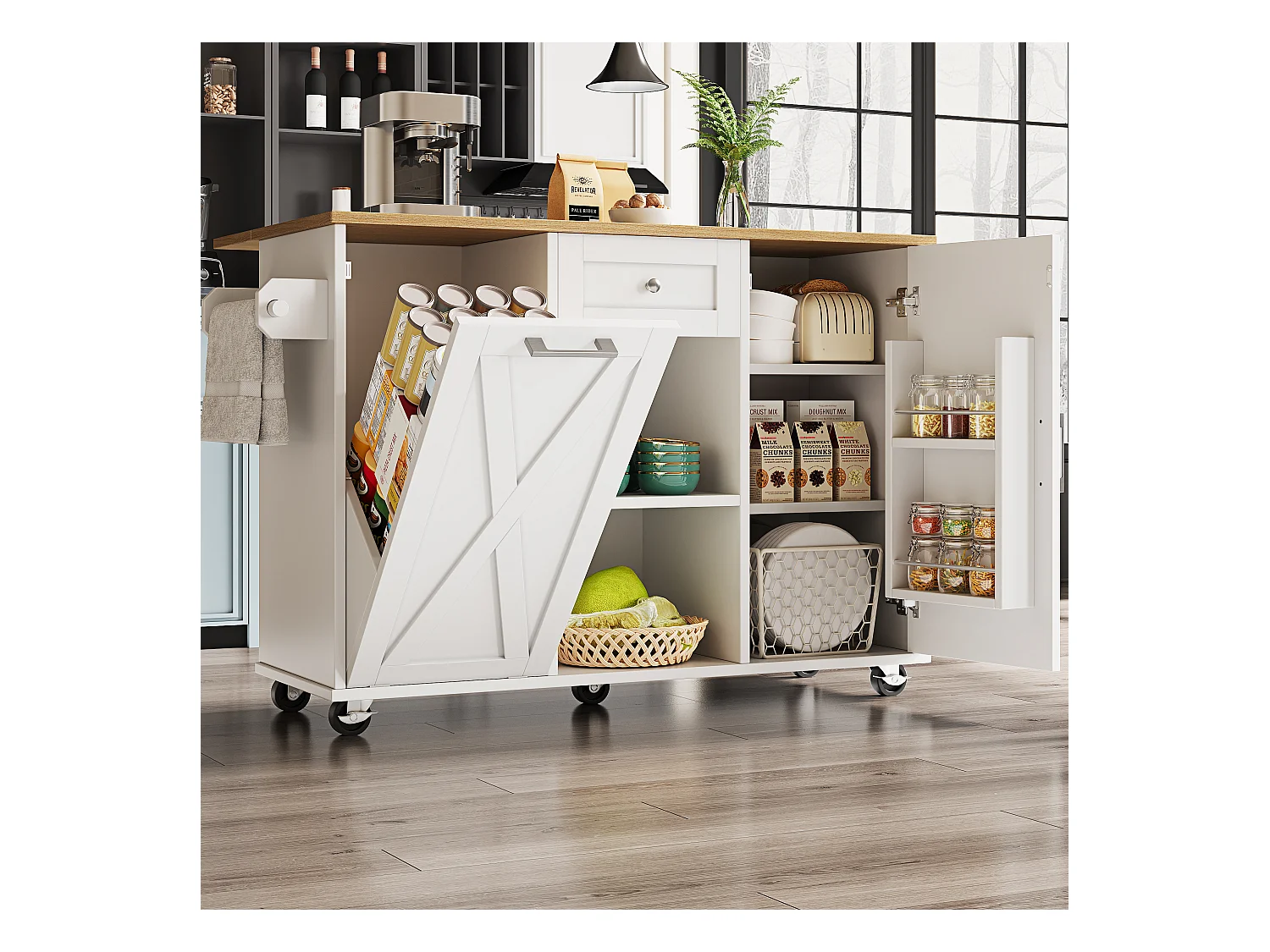 Îlot central moderne - 142 x 63 x 87 cm - avec roulettes + armoires extensible + 1 tiroir - MDF - blanc