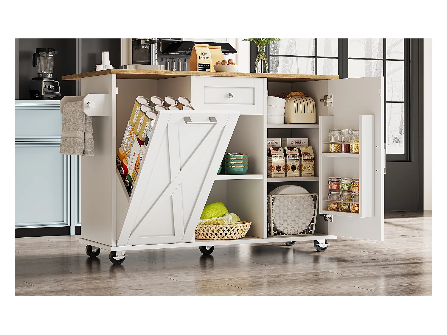 Îlot central moderne - 142 x 63 x 87 cm - avec roulettes + armoires extensible + 1 tiroir - MDF - blanc