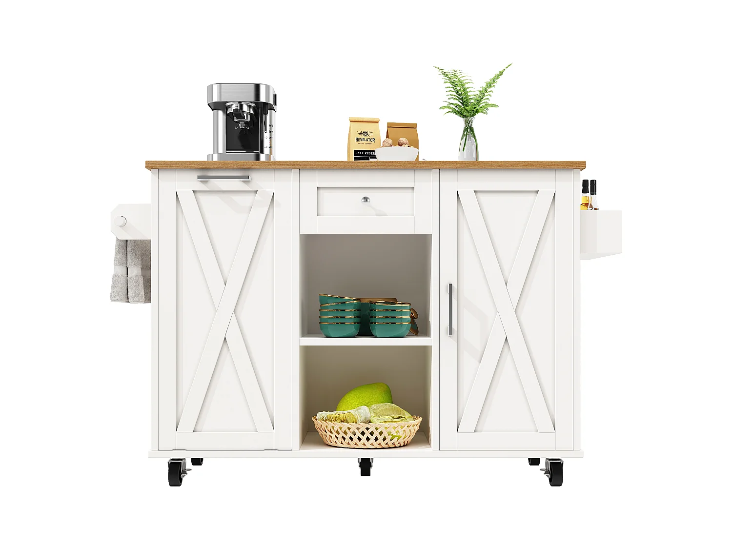 Îlot central moderne - 142 x 63 x 87 cm - avec roulettes + armoires extensible + 1 tiroir - MDF - blanc