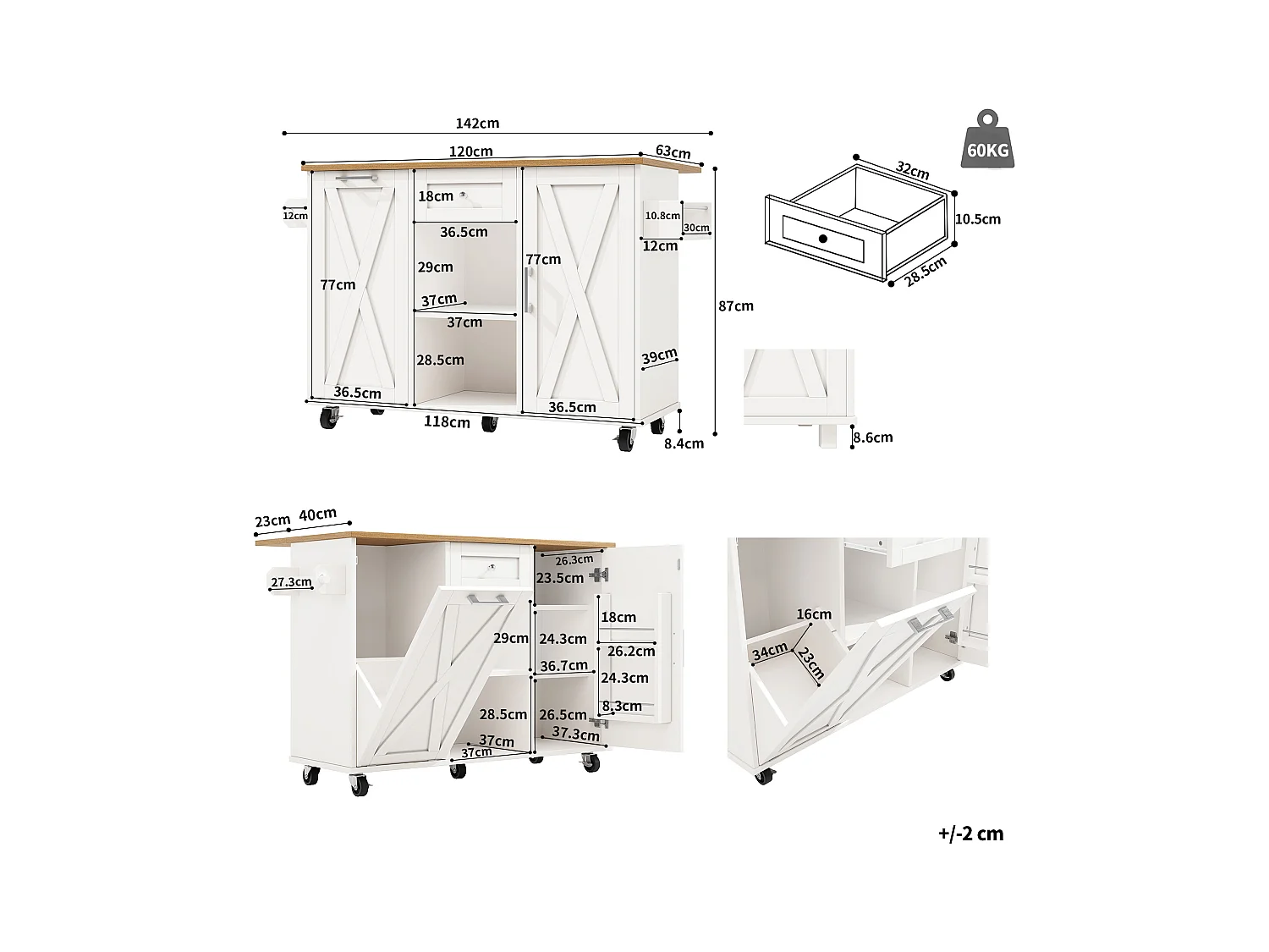 Îlot central moderne - 142 x 63 x 87 cm - avec roulettes + armoires extensible + 1 tiroir - MDF - blanc