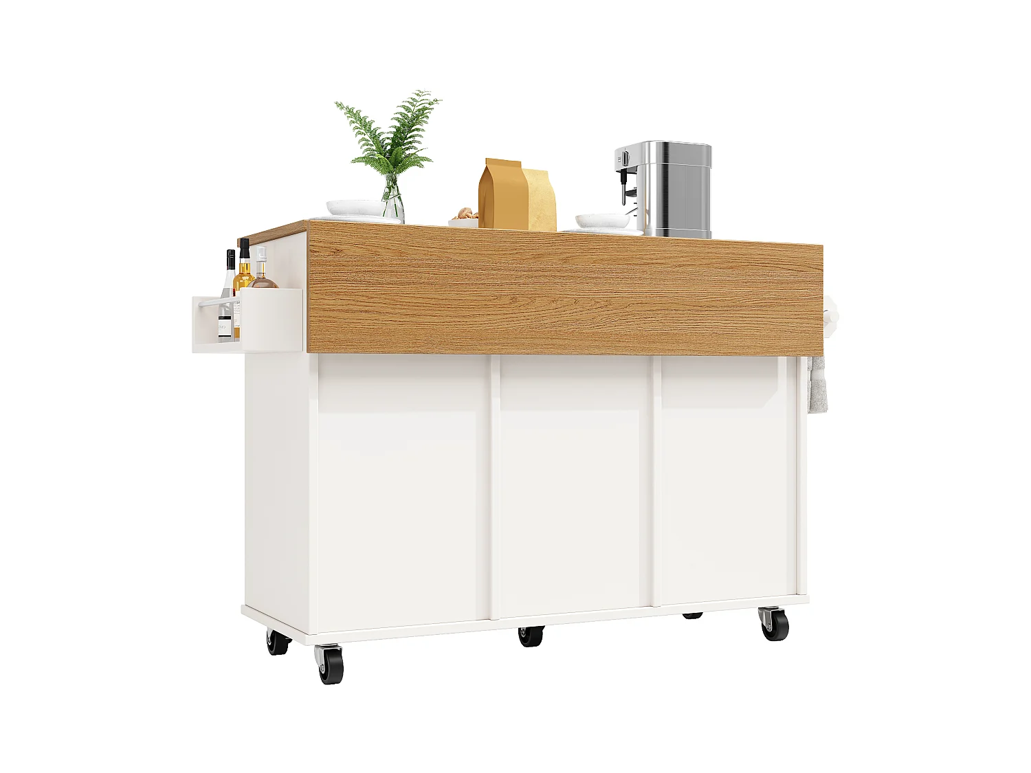 Îlot central moderne - 142 x 63 x 87 cm - avec roulettes + armoires extensible + 1 tiroir - MDF - blanc