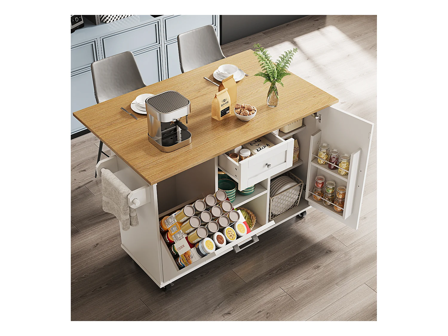 Îlot central moderne - 142 x 63 x 87 cm - avec roulettes + armoires extensible + 1 tiroir - MDF - blanc