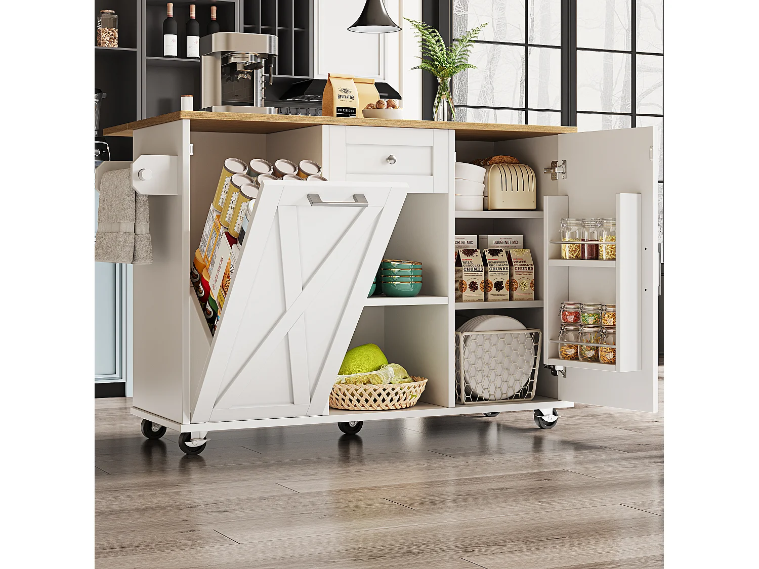 Isla central moderna - 142 x 63 x 87 cm - con ruedas + armarios extensibles + 1 cajón - MDF - blanco